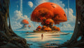 GRID THUMBNAIL — Surreal seascape with giant red dome structures sheltering trees, wind turbines, and a small figure, beneath twin moons and towering clouds.