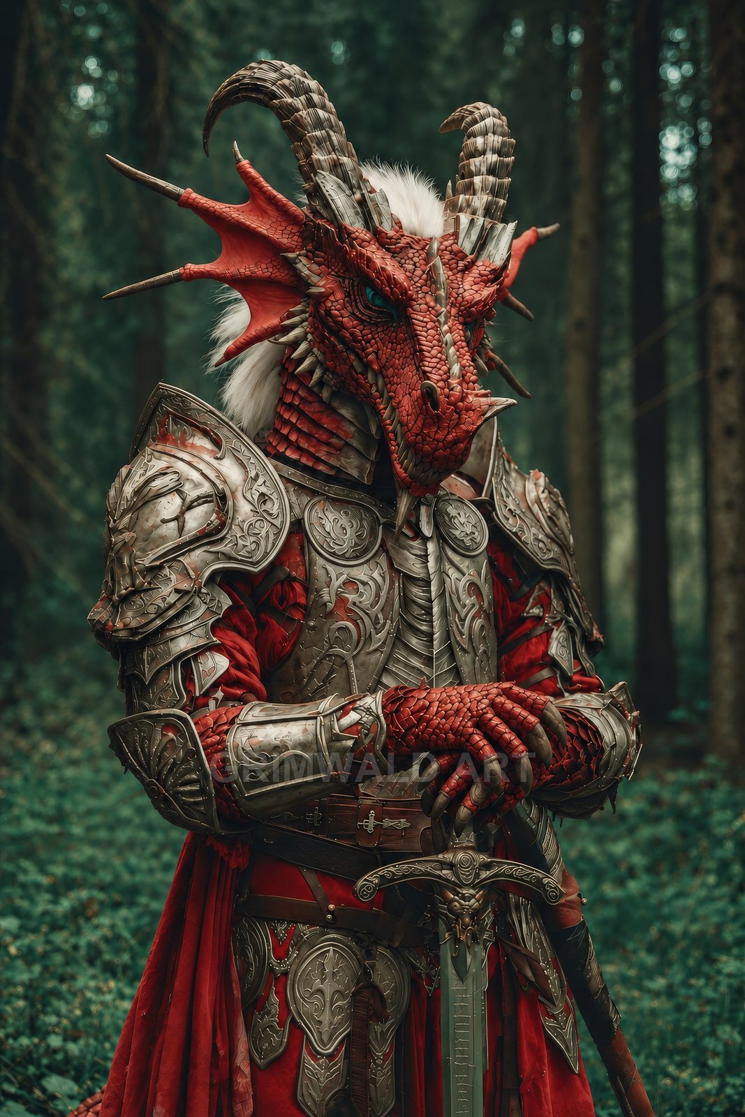 Red dragon-headed knight in ornate silver armour stands in a forest, resting on an engraved sword, horns and scales gleaming in daylight.