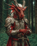 GRID THUMBNAIL — Red dragon-headed knight in ornate silver armour stands in a forest, resting on an engraved sword, horns and scales gleaming in daylight.