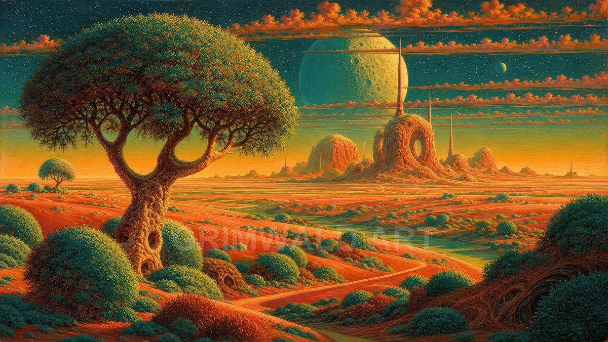 Vast alien desert with rust-red dunes, a twisted tree, spired rock formations, and twin teal moons glowing above a starry sunset sky.