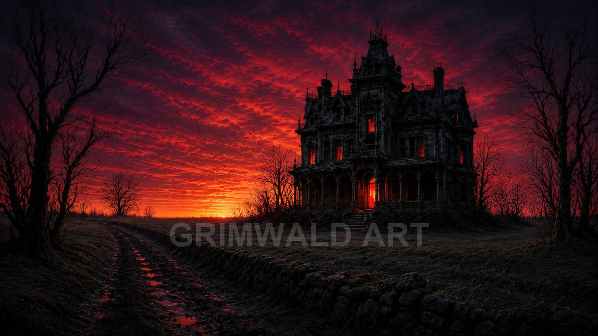 A decaying Gothic manor with red-lit windows stands by a muddy track, leafless trees, and a fiery crimson sunset sky.