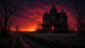 GRID THUMBNAIL — A decaying Gothic manor with red-lit windows stands by a muddy track, leafless trees, and a fiery crimson sunset sky.