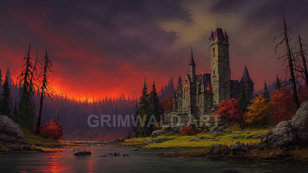 A gothic stone castle with glowing windows stands beside a calm lake amid autumn trees and dark pines under a fiery red sunset sky.