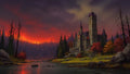 GRID THUMBNAIL — A gothic stone castle with glowing windows stands beside a calm lake amid autumn trees and dark pines under a fiery red sunset sky.