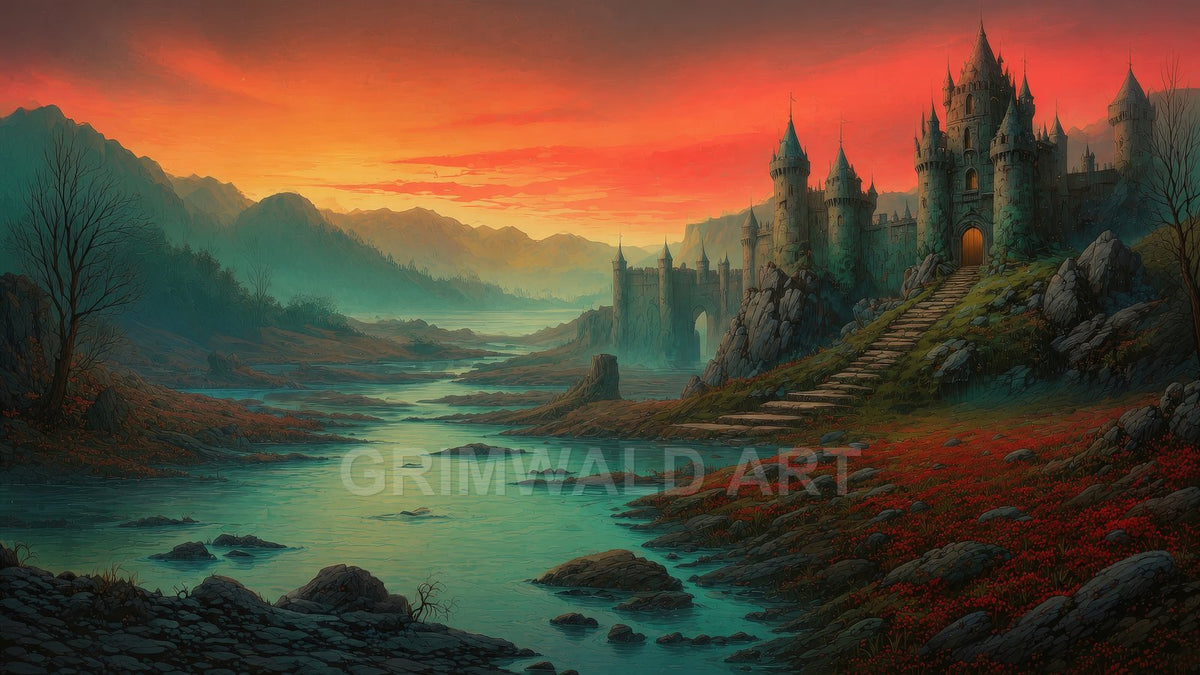 Twilight view of a medieval-style castle above a winding river, orange sunset sky, mountains and red wildflowers, stone steps leading to a glowing gate.