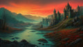 GRID THUMBNAIL — Twilight view of a medieval-style castle above a winding river, orange sunset sky, mountains and red wildflowers, stone steps leading to a glowing gate.