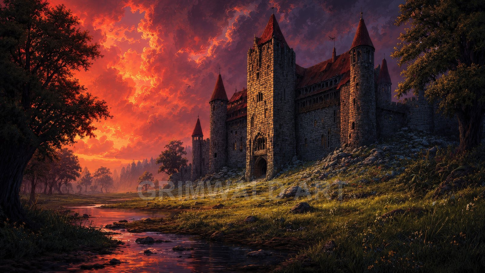 Medieval stone castle with red-roofed towers beside a shallow stream, under fiery sunset clouds, framed by trees and sunlit meadow rocks.
