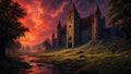 GRID THUMBNAIL — Medieval stone castle with red-roofed towers beside a shallow stream, under fiery sunset clouds, framed by trees and sunlit meadow rocks.