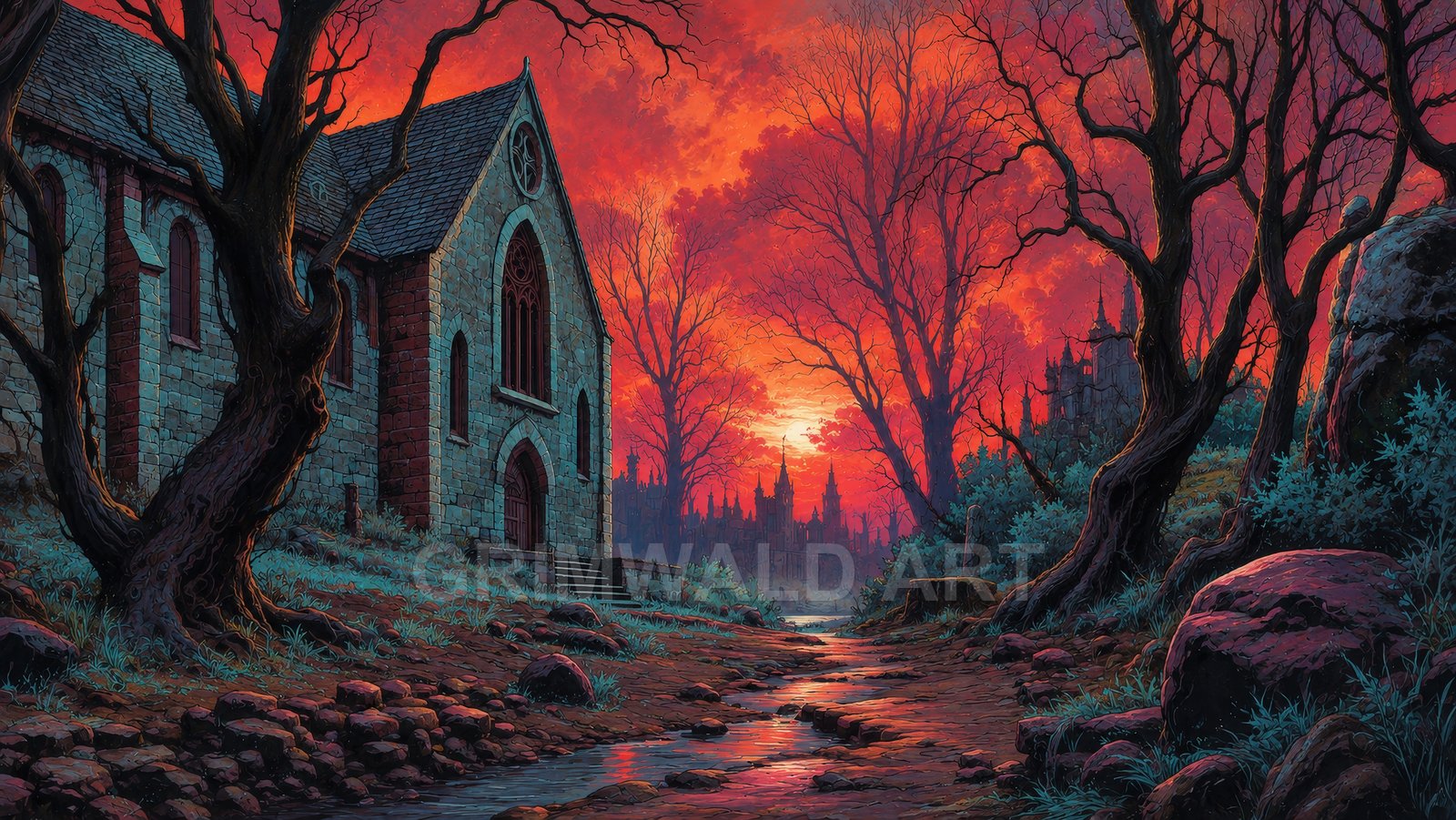 A gothic stone chapel beside a winding stream, with leafless trees and a distant spired city beneath a dramatic crimson sunset sky.