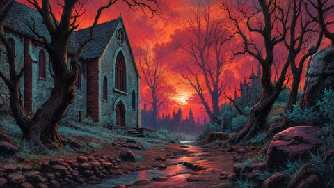 GRID THUMBNAIL — A gothic stone chapel beside a winding stream, with leafless trees and a distant spired city beneath a dramatic crimson sunset sky.