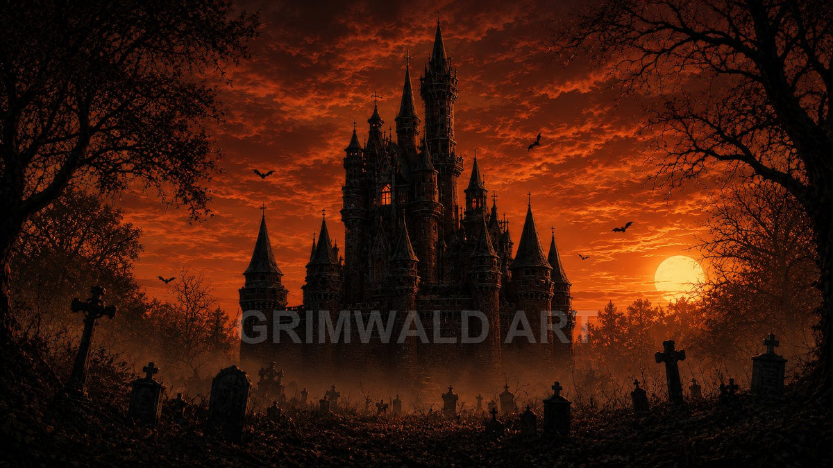 Gothic castle rises behind misty graveyard at sunset, framed by bare trees, with bats circling under a fiery orange, cloud-streaked sky.