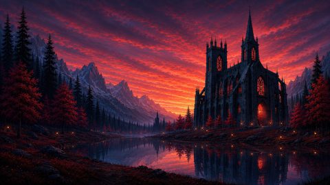 GRID THUMBNAIL — Gothic cathedral beside a calm mountain lake at crimson sunset, with pine forest, autumn trees and jagged peaks reflected in the still water.