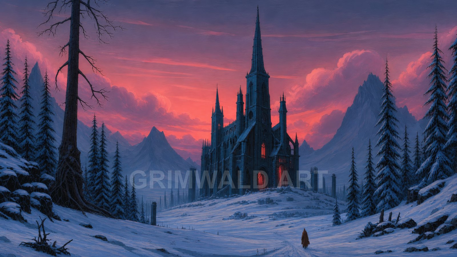 Gothic cathedral with glowing red windows rises amid snow-covered pines and mountains under a crimson sunset sky, a lone figure walking along the valley path.