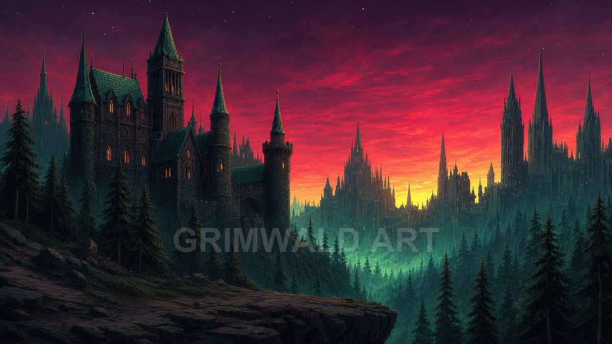 Gothic stone castle with lit windows on a rocky ridge, overlooking misty pine forest and a towering spired city beneath a vivid red sunset.