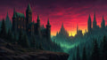 GRID THUMBNAIL — Gothic stone castle with lit windows on a rocky ridge, overlooking misty pine forest and a towering spired city beneath a vivid red sunset.