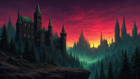 GRID THUMBNAIL — Gothic stone castle with lit windows on a rocky ridge, overlooking misty pine forest and a towering spired city beneath a vivid red sunset.