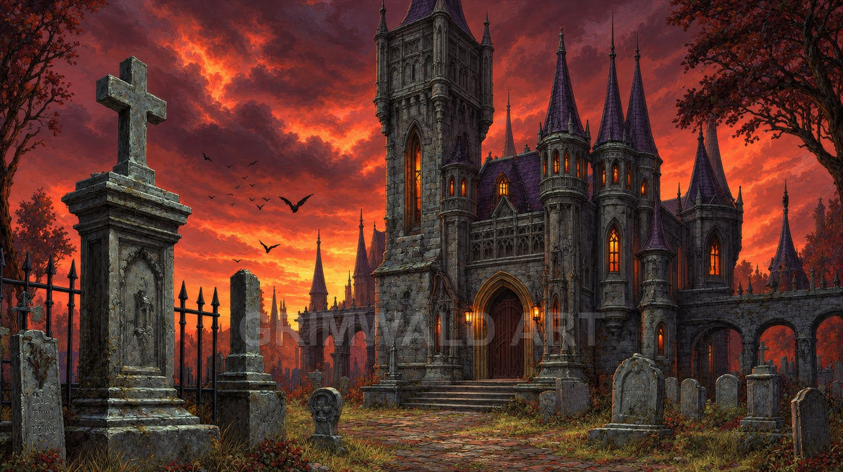 Gothic stone castle with glowing windows beyond an old graveyard at sunset, bats circling beneath a fiery orange-red sky and dark trees.