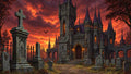 GRID THUMBNAIL — Gothic stone castle with glowing windows beyond an old graveyard at sunset, bats circling beneath a fiery orange-red sky and dark trees.