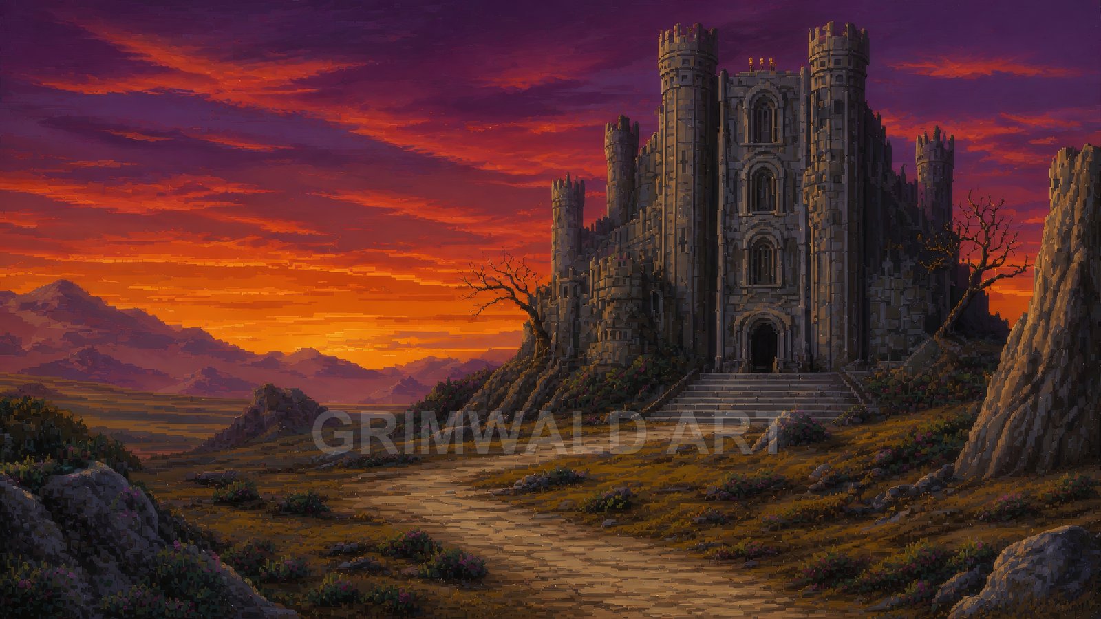 Pixel art landscape of a brooding stone castle at sunset, winding path and leafless trees before purple-orange clouds and distant mountain silhouettes.