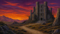 GRID THUMBNAIL — Pixel art landscape of a brooding stone castle at sunset, winding path and leafless trees before purple-orange clouds and distant mountain silhouettes.