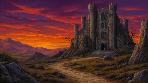GRID THUMBNAIL — Pixel art landscape of a brooding stone castle at sunset, winding path and leafless trees before purple-orange clouds and distant mountain silhouettes.