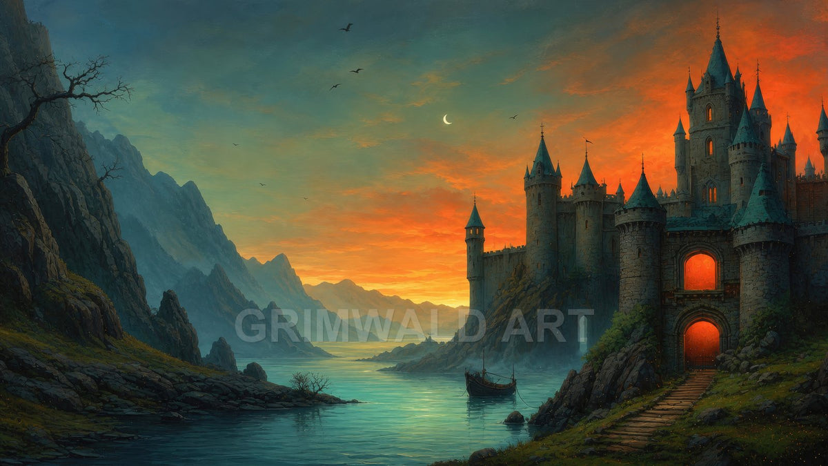 Fantasy castle with glowing gates beside a tranquil fjord at sunset, mountains fading into mist, crescent moon above, and a small moored boat.
