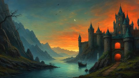 GRID THUMBNAIL — Fantasy castle with glowing gates beside a tranquil fjord at sunset, mountains fading into mist, crescent moon above, and a small moored boat.