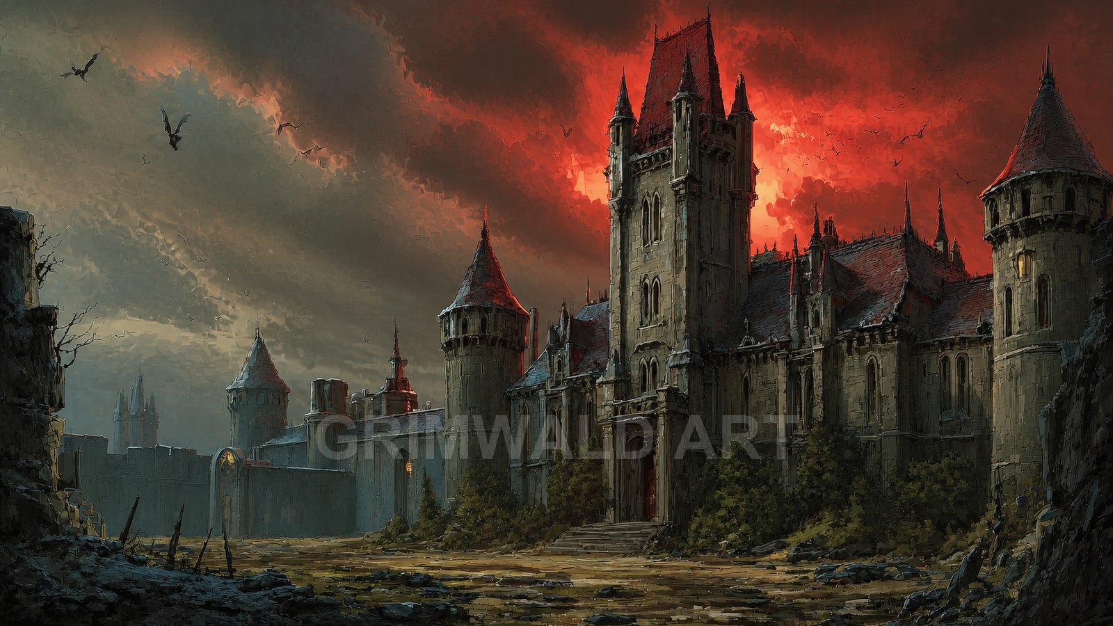 A sprawling gothic stone castle with tall towers under a fiery red sunset sky, bats circling above, and a barren courtyard in shadow.