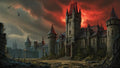 GRID THUMBNAIL — A sprawling gothic stone castle with tall towers under a fiery red sunset sky, bats circling above, and a barren courtyard in shadow.