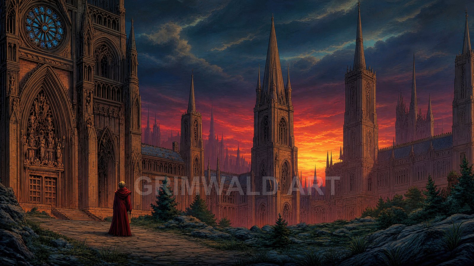 Vast Gothic cathedral with towering spires beneath a fiery sunset sky, viewed from a rocky path with a lone robed figure.