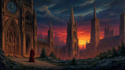 GRID THUMBNAIL — Vast Gothic cathedral with towering spires beneath a fiery sunset sky, viewed from a rocky path with a lone robed figure.
