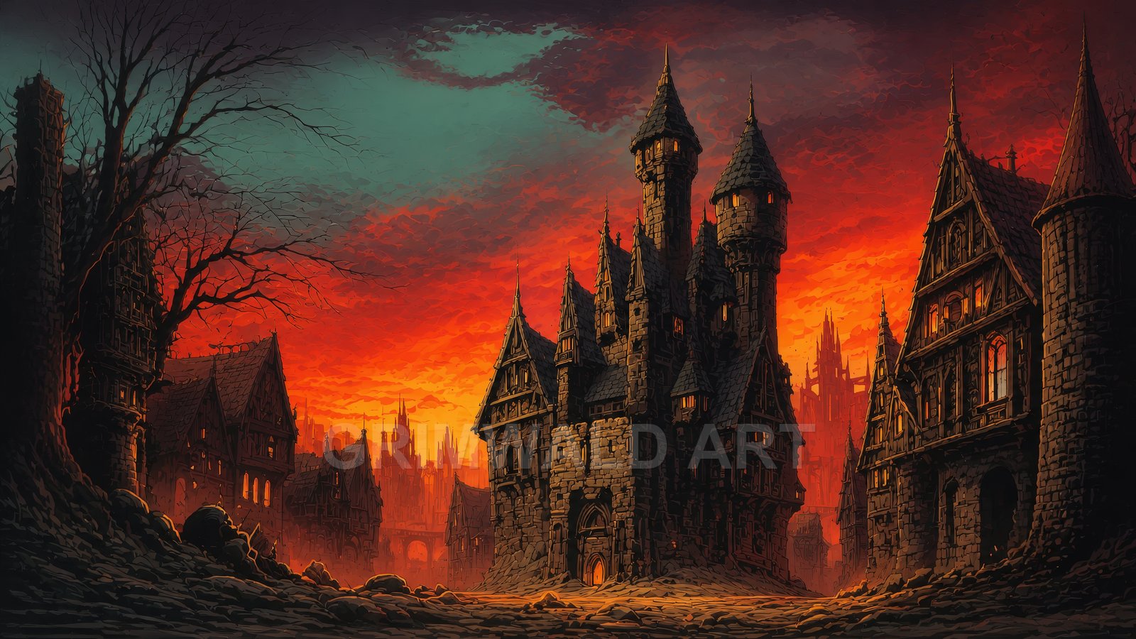 Gothic medieval city with spired castle and timbered houses under a blazing red-orange sunset sky, empty cobbled street and bare tree silhouettes.