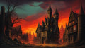 GRID THUMBNAIL — Gothic medieval city with spired castle and timbered houses under a blazing red-orange sunset sky, empty cobbled street and bare tree silhouettes.