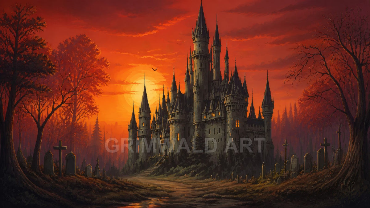 A towering gothic castle with many spires rises beyond a forest graveyard at sunset, orange sky glowing behind and a winding path approaching.