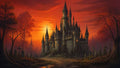 GRID THUMBNAIL — A towering gothic castle with many spires rises beyond a forest graveyard at sunset, orange sky glowing behind and a winding path approaching.