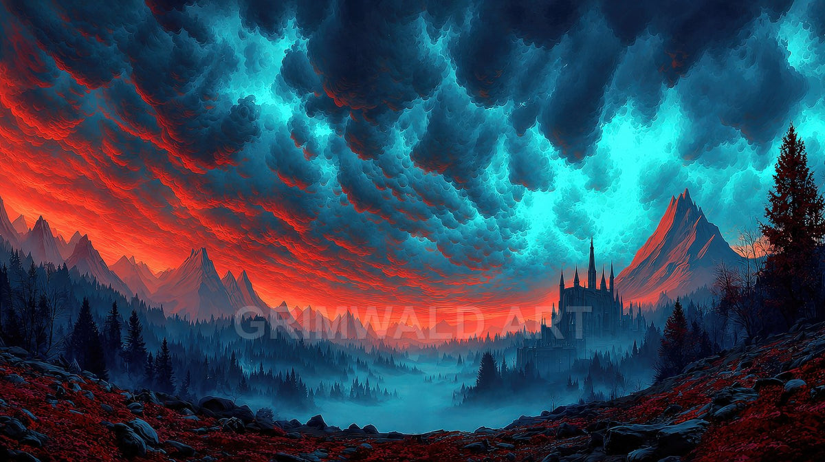 A dramatic fantasy mountain valley at sunset, turbulent teal and red clouds over a spired gothic castle, dark pines and misty lowlands foreground.