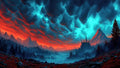 GRID THUMBNAIL — A dramatic fantasy mountain valley at sunset, turbulent teal and red clouds over a spired gothic castle, dark pines and misty lowlands foreground.
