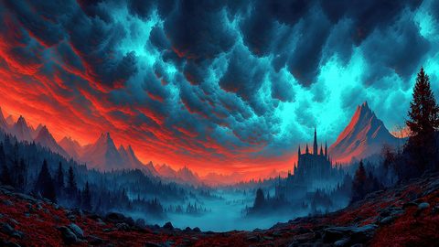 GRID THUMBNAIL — A dramatic fantasy mountain valley at sunset, turbulent teal and red clouds over a spired gothic castle, dark pines and misty lowlands foreground.