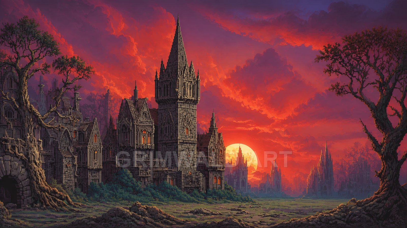 Gothic stone castle with towering spires and glowing windows under a vast red sunset sky, flanked by twisted trees and distant ruins.