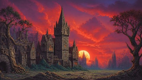GRID THUMBNAIL — Gothic stone castle with towering spires and glowing windows under a vast red sunset sky, flanked by twisted trees and distant ruins.
