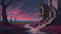 GRID THUMBNAIL — Winding cobblestone path to a stone house on a crimson moor, twisted trees and eerie red-eyed mounds beneath a vivid sunset.