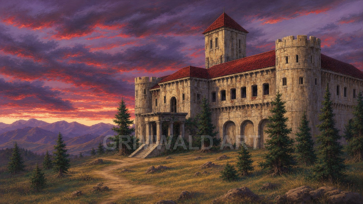 Stone castle with red roofs on a hillside path amid pines, beneath dramatic purple and crimson sunset clouds and a distant mountain range.
