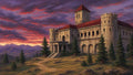 GRID THUMBNAIL — Stone castle with red roofs on a hillside path amid pines, beneath dramatic purple and crimson sunset clouds and a distant mountain range.