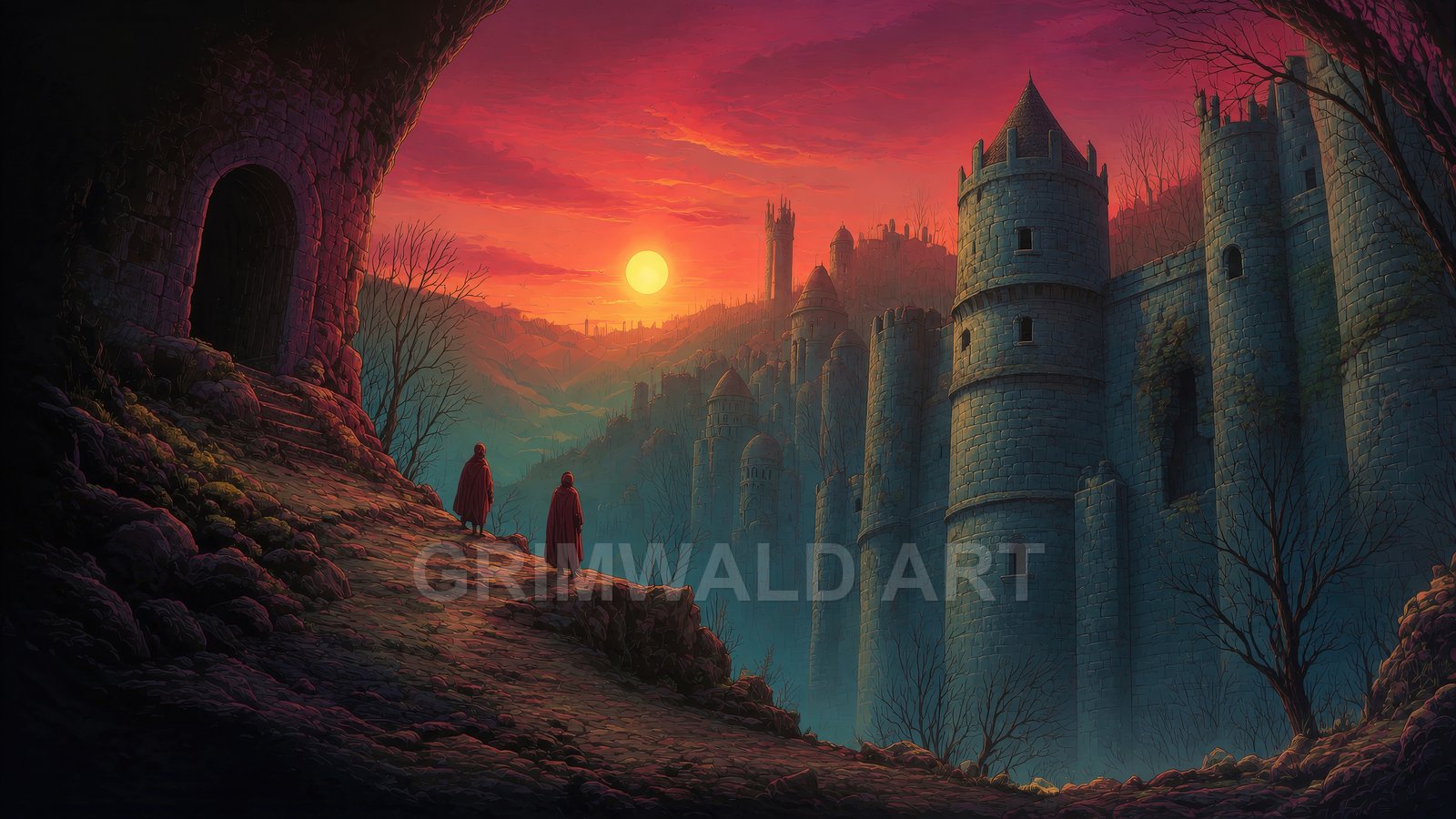 Vast medieval castle with tall towers rises over a misty valley at sunset, two cloaked figures on a rocky path near a dark archway.