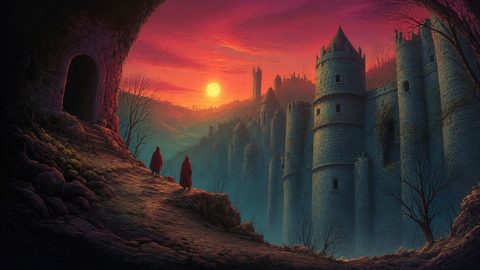 GRID THUMBNAIL — Vast medieval castle with tall towers rises over a misty valley at sunset, two cloaked figures on a rocky path near a dark archway.