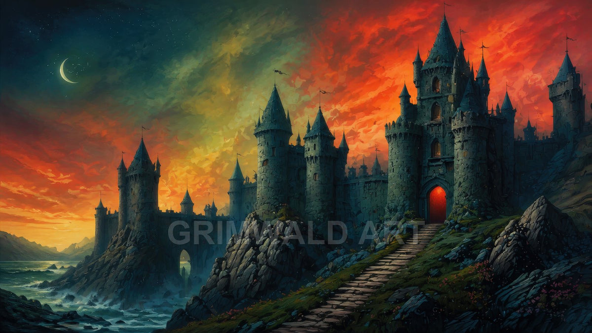 Towering stone castle on rocky sea cliffs at twilight, crimson-orange sky, crescent moon above, red-lit gate and winding path descending toward crashing waves.