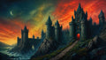 GRID THUMBNAIL — Towering stone castle on rocky sea cliffs at twilight, crimson-orange sky, crescent moon above, red-lit gate and winding path descending toward crashing waves.