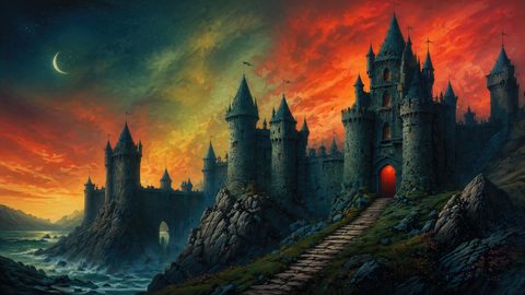 GRID THUMBNAIL — Towering stone castle on rocky sea cliffs at twilight, crimson-orange sky, crescent moon above, red-lit gate and winding path descending toward crashing waves.