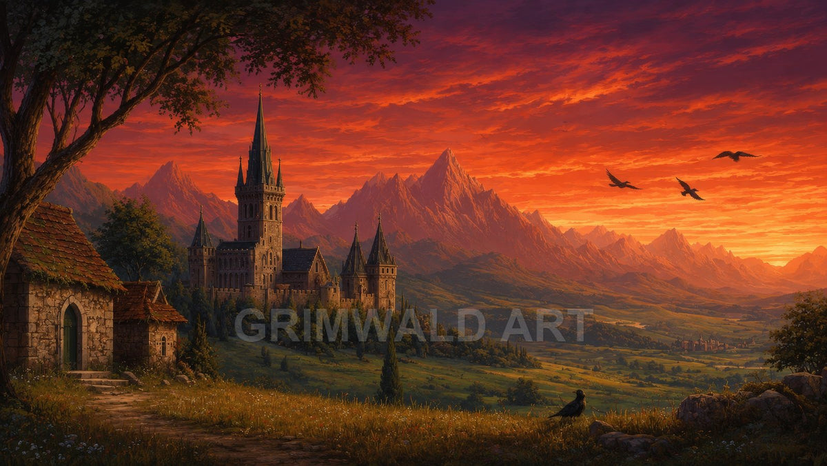 A tall spired castle overlooks a green valley and distant mountains at sunset, with cottages, a tree, wildflowers and ravens under glowing orange clouds.