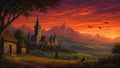 GRID THUMBNAIL — A tall spired castle overlooks a green valley and distant mountains at sunset, with cottages, a tree, wildflowers and ravens under glowing orange clouds.